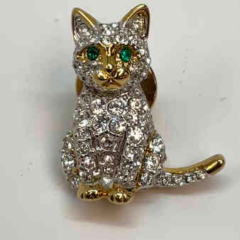 Designer Swarovski Gold-Tone Clear Rhinestone Cat Brooch