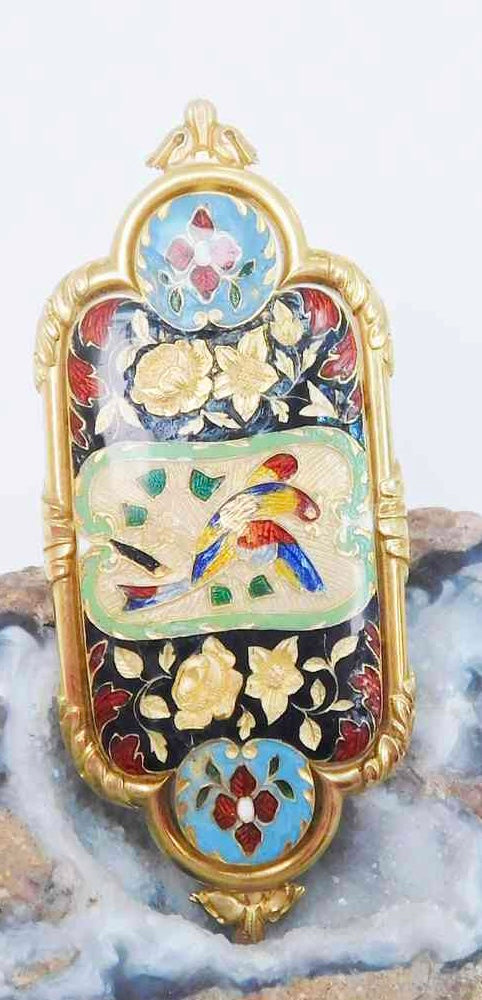 Art nouveau Antique Enamel parrot pendant in 20K gold