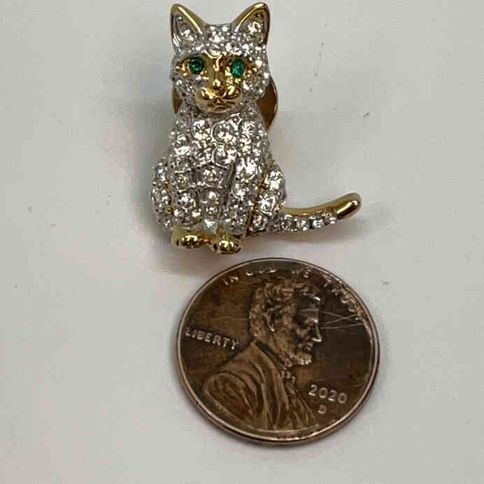 Designer Swarovski Gold-Tone Clear Rhinestone Cat Brooch