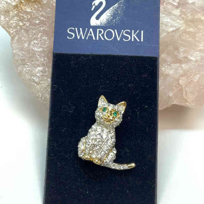 Designer Swarovski Gold-Tone Clear Rhinestone Cat Brooch