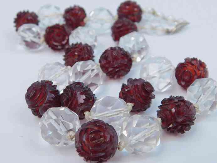 Antique Art Deco Hand- cut Quartz  and red glass beads in 14K white gold necklace