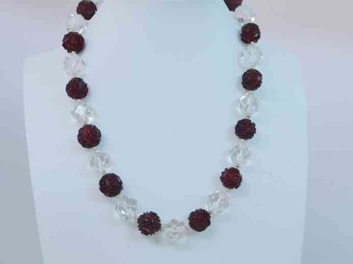 Antique Art Deco Hand- cut Quartz  and red glass beads in 14K white gold necklace