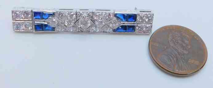 Antique Art Deco Platinum 1.17 CTTW Diamond & Sapphire Bar Brooch 7.3g